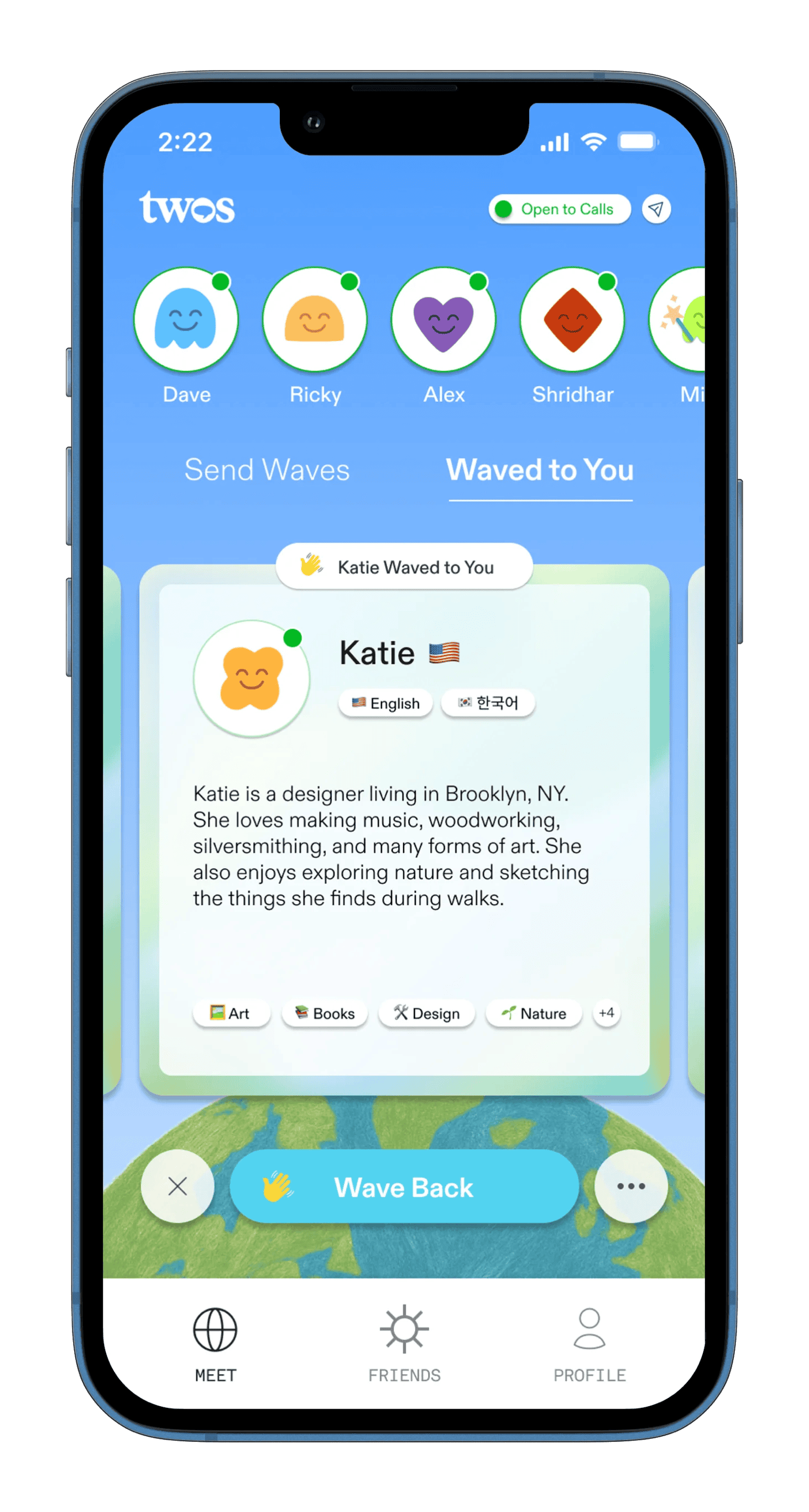 Twos wave board: discover and wave at potential conversation partners